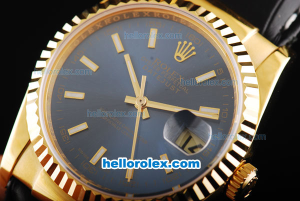 Rolex Datejust Swiss ETA 2836 Automatic Movement Gold Case with Royal Blue Dial and Black Leather Strap - Click Image to Close